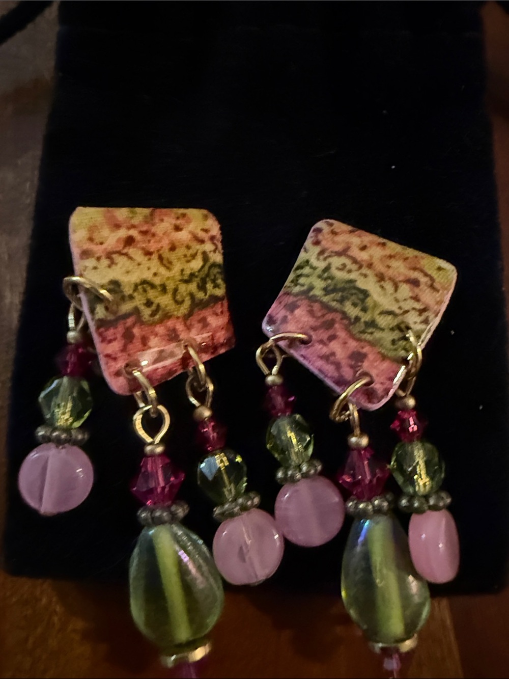 Handcrafted Multicolor Bead Drop clip on Earrings - Pink & Green